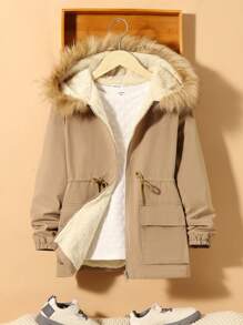 SHEIN Adolescent Garçon 1 pièce Manteau À Capuche À Cordon À Ourlet Duveteux À Doublure En Tissu Duveteux