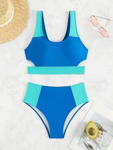 拼色镂空高腰比基尼套装，适合夏季海滩度假 - 彩色 - 查看 3