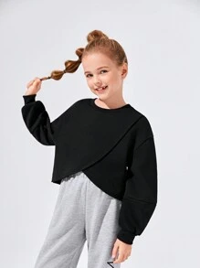 SHEIN 女大童素色圍裹下擺運動衫 - 黑色 - 查看 1