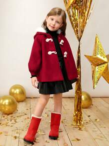 SHEIN 女小童毛茸邊連帽粗呢大衣適用於聖誕 - 酒紅色 - 查看 6