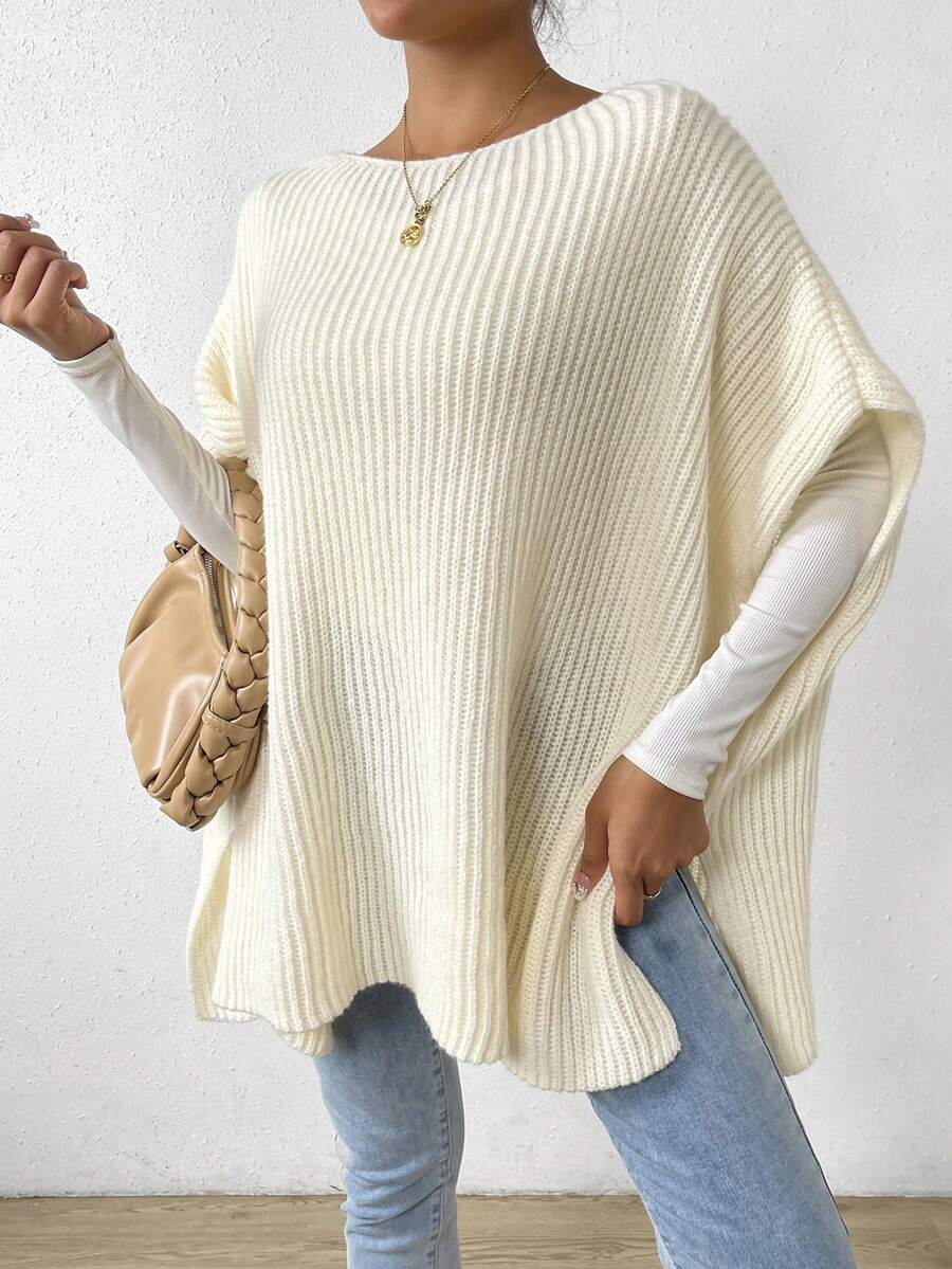 SHEIN Essnce 蝙蝠翼袖開衩下擺羅紋針織斗篷 - 杏色 - 查看 1