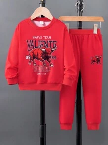 Young Boy Letter Graphic Sweatshirt & Sweatpants - Red - View 1