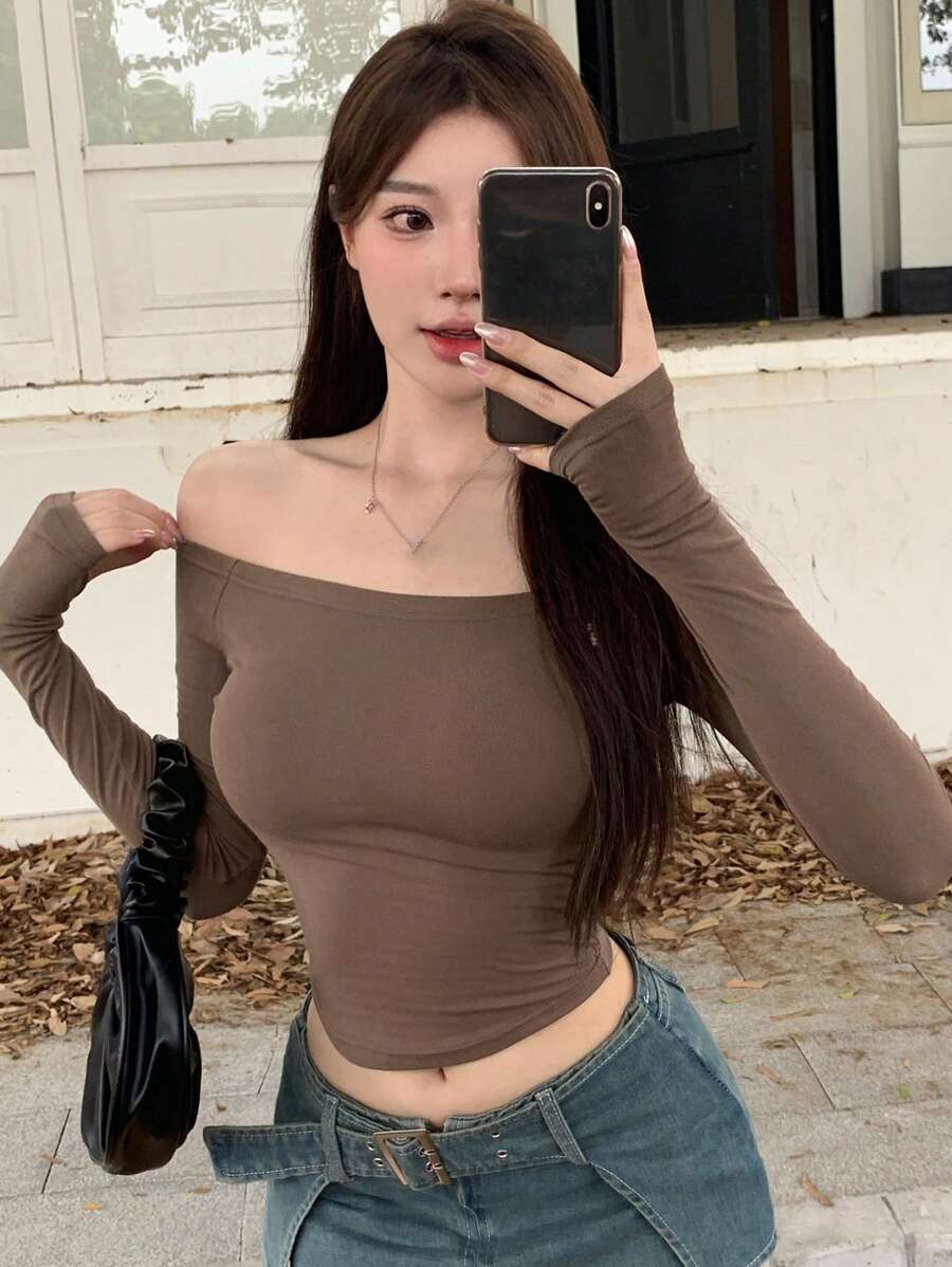 DAZY 女士纯色露肩长袖修身T恤，秋季女装 - 棕色 - 查看 1