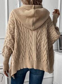 SHEIN LUNE Cable Knit Batwing Sleeve Hooded Cardigan - Khaki - View 2