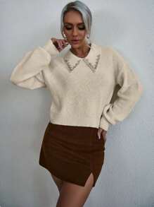 EMERY ROSE Rhinestone Detail Drop Shoulder Sweater,Long Sleeve Tops Knit Pullover Fall Winter Outfit