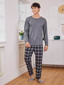 Men Plaid Print Pocket Patched PJ Set / Pajama Set - Dark Grey - View 4
