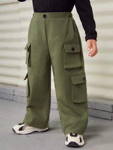 SHEIN 青少年男孩休閒貨物直筒褲,帶側口袋和立體剪裁 - 軍綠色 - 查看 6