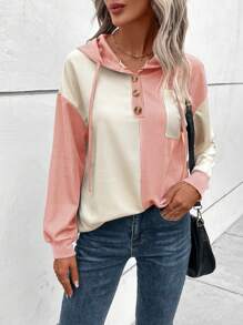 SHEIN LUNE Two Tone Half Button Drop Shoulder Drawstring Hooded Sweatshirt - Pink - View 4