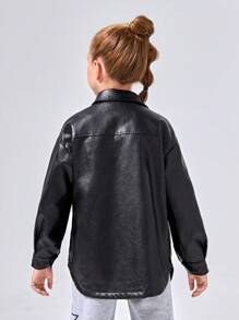 SHEIN 女大童翻蓋口袋落肩袖PU皮革外套 - 黑色 - 查看 2