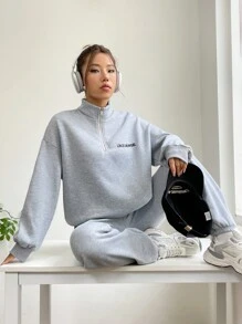 Muchica Letter Graphic Half Zip Drop Shoulder Sweatshirt & Sweatpants - Light Grey - View 4