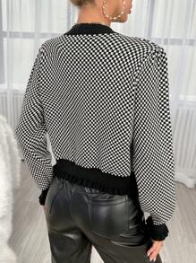 SHEIN Privé Cardigan mit Karo Muster, Kontrast Saum, Knopf vorne, - Schwarz und Weiss - Übersicht 3