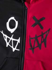 Tween Boy Two Tone Expression Print Hooded Zipper Up Jacket & Sweatpants Without Tee - Burgundy - View 3