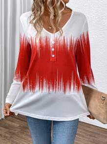 SHEIN LUNE Brush Print Button Detail Tee - Multicolor - View 4