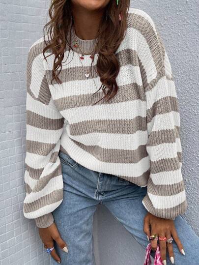 SoleilVie Striped Pattern Drop Shoulder Sweater,Long Sleeve Tops Knit Pullover Fall Winter Outfit