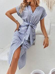 SHEIN Clasi Striped Print Batwing Sleeve Belted Dress - Blue and White - View 6