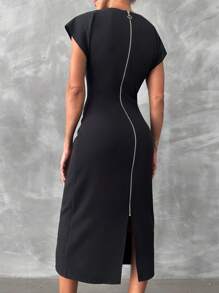SHEIN Cottnline 素色蝙蝠袖緊身洋裝 - 黑色 - 查看 2