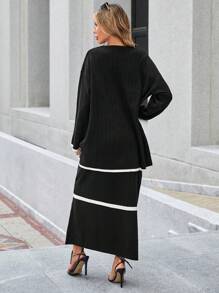 EURMUSE Cable Knit Sweater & Knit Skirt - Black - View 2