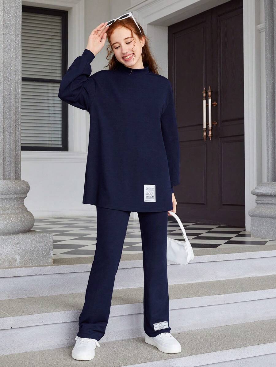 SHEIN Leap Crew Áo phông & quần trễ vai kiểu teen Girl Patched Mock Neck Drop - Màu xanh hải quân - Xem 1