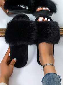 Women's Casual Minimalist Fluffy Slippers, Slip-On Design With Non-Slip Soft Sole, Comfortable And Warm For Bedroom, New Autumn/Winter Style,Furry Shoes - Black - View 6