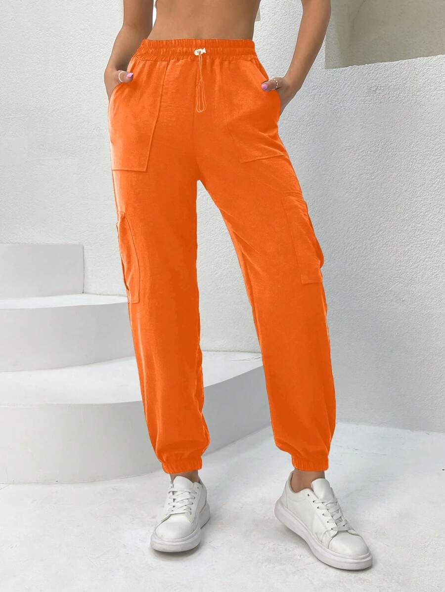 Drawstring Waist Flap Pocket Side Cargo Pants - Orange - View 1