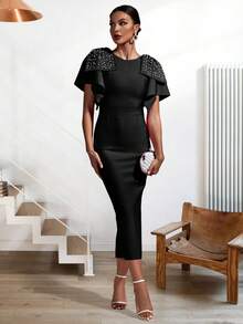 Pearls Beaded Cloak Sleeve Split Back Bodycon Dress - Black - View 4