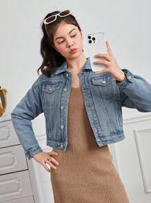 Teen Girl Flap Pocket Denim Jacket - Medium Wash - View 1