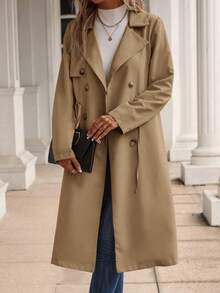 SHEIN LUNE Lapel Neck Double Breasted Drawstring Waist Trench Coat - Khaki - View 5
