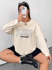 Flirla 加号字母图案落肩套头卫衣，秋季卫衣 - 杏色 - 查看 1