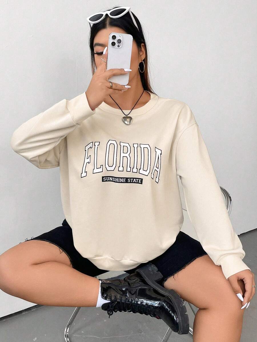 Flirla 加号字母图案落肩套头卫衣，秋季卫衣 - 杏色 - 查看 1