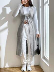 SHEIN EZwear 1 chiếc áo vest có nút thắt phía trước - Xám - Xem 4