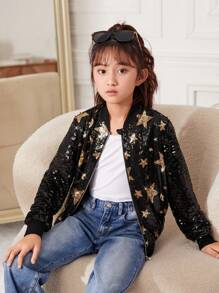 SHEIN Tween Girl Star Pattern Sequin Bomber Jacket - Multicolor - View 6