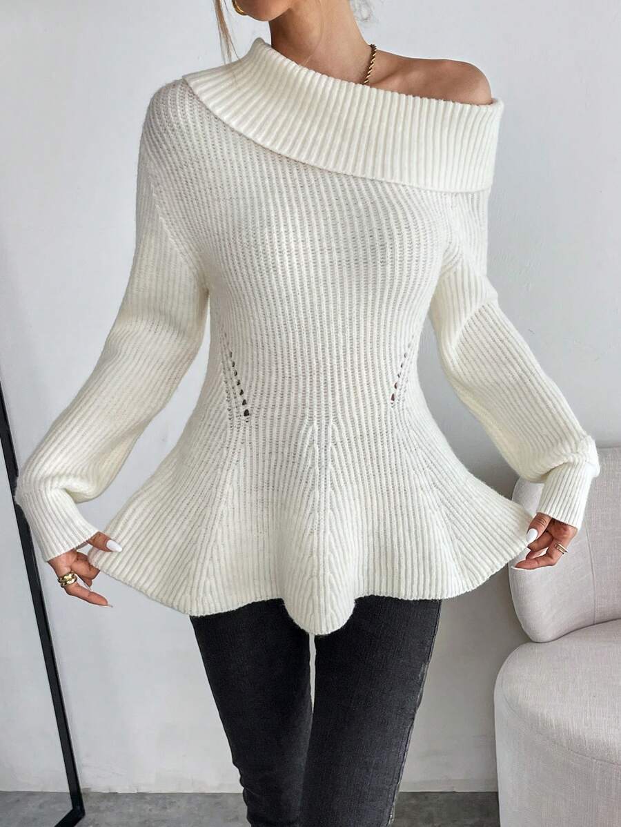 SHEIN Privé Cổ không đối xứng Lưới Thả vai Xoay eo Áo len - trắng - Xem 1