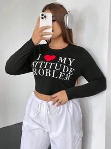 SHEIN EZwear 大碼愛心和標語圖案短款T恤 - 黑色 - 查看 4