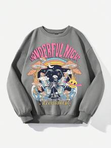 SHEIN EZwear 休閒圓領骷髏和植物圖案女裝運動衫，適用於秋冬 - 深灰色 - 查看 3