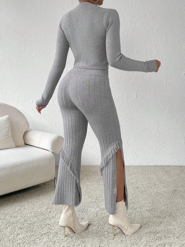 Button Front Crop Cardigan & Fringe Trim Split Thigh Knit Pants Fall Cloth For Women