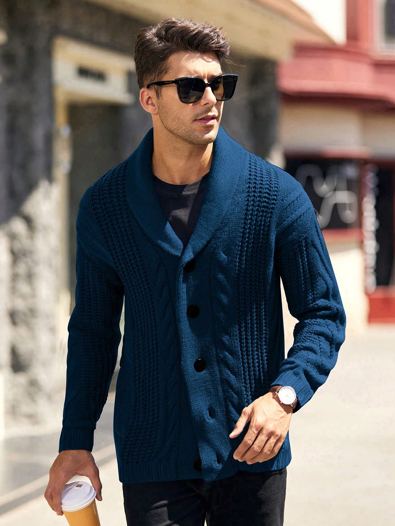 mens shawl collar cable knit cardigan sweater