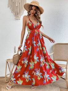 SHEIN VCAY Floral Print Criss Cross Backless Slip Dress - Burgundy - View 5