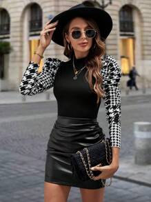 Editum Houndstooth Print Gigot Sleeve Tee Puff Sleeves - Black and White - View 4