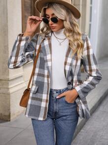 SHEIN LUNE Áo blazer cổ có họa tiết kẻ sọc - Xám - Xem 1