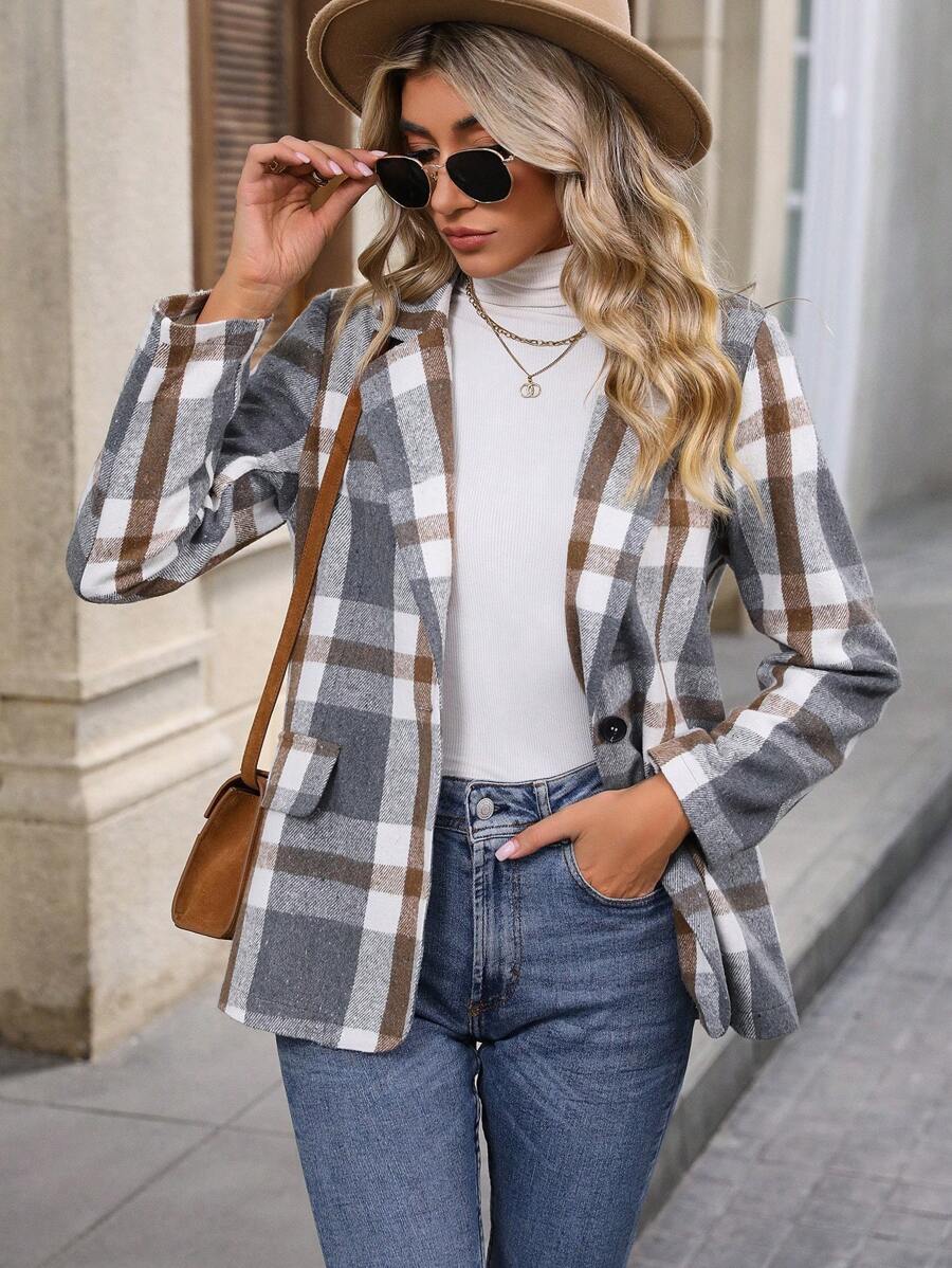 SHEIN LUNE Áo blazer cổ có họa tiết kẻ sọc - Xám - Xem 1