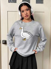 SHEIN EZwear Duck & Letter Graphic Drop Shoulder Sweatshirt - Grey - View 5
