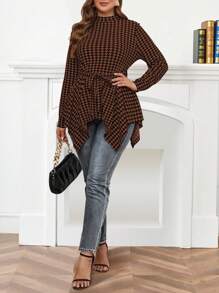 Celure 大碼千鳥格印花不對稱下擺腰帶T恤 - 卡其色 - 查看 6