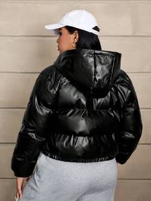 SHEIN EZwear 拉链 PU 皮革连帽加厚外套 - 黑色 - 查看 2