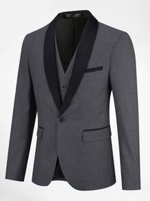 CLOUDSTYLE Hombres talla grande de color combinado con diseño de solapa Blazer & Chaleco con pantalones Traje Set - Gris Oscuro - Ver 12