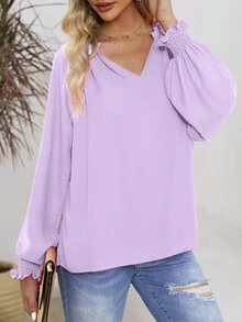 DOKOTOO Notched Neckline Lantern Sleeve Blouse - Mauve Purple - View 4
