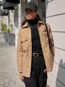 EURMUSE Abrigo acolchado con hombros caídos y bolsillo con solapa - Caqui - Ver 4