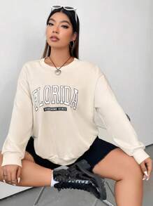 Flirla 加号字母图案落肩套头卫衣，秋季卫衣 - 杏色 - 查看 4