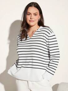 SHEIN BASICS 大碼條紋圖案落肩袖套頭毛衣 - 黑與白 - 查看 3