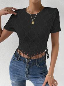 SHEIN Privé Solid Fringe Hem Tee - Black - View 5