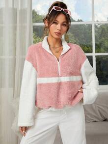 SHEIN EZwear 雙色半拉鏈落肩袖搖粒絨運動衫 - 彩色 - 查看 6